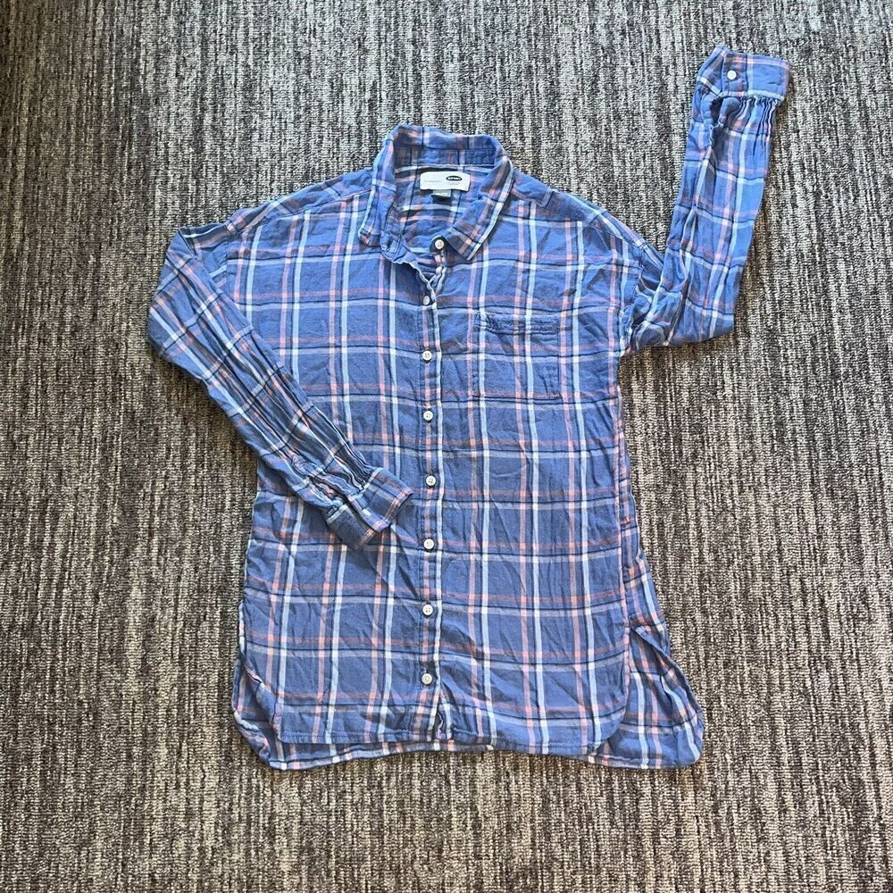 Old Navy Junior Girls Boyfriend Shirt Size XL (14) Blue‎ Pink Plaid Long Sleeve